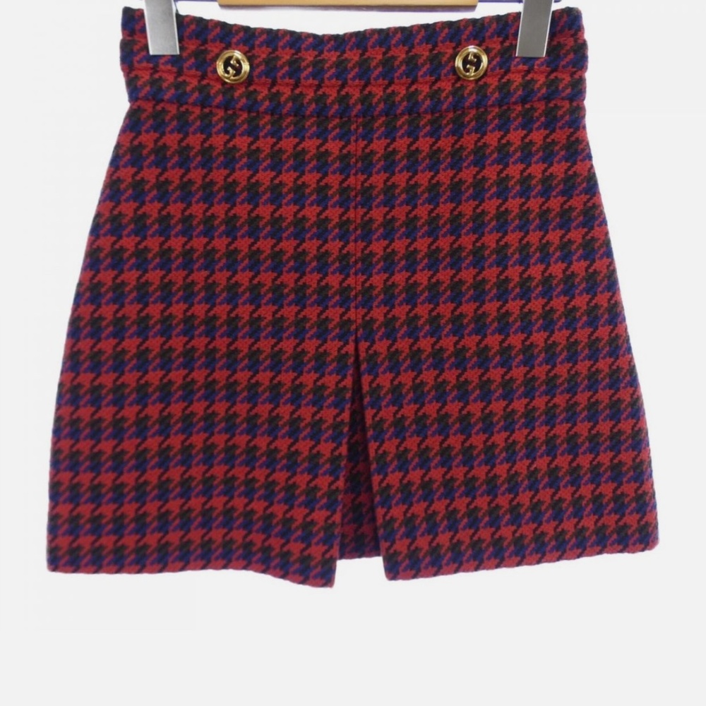 NWT Gucci Red and Blue Wool Houndstooth Mini Skirt with Gold Buttons Size 38